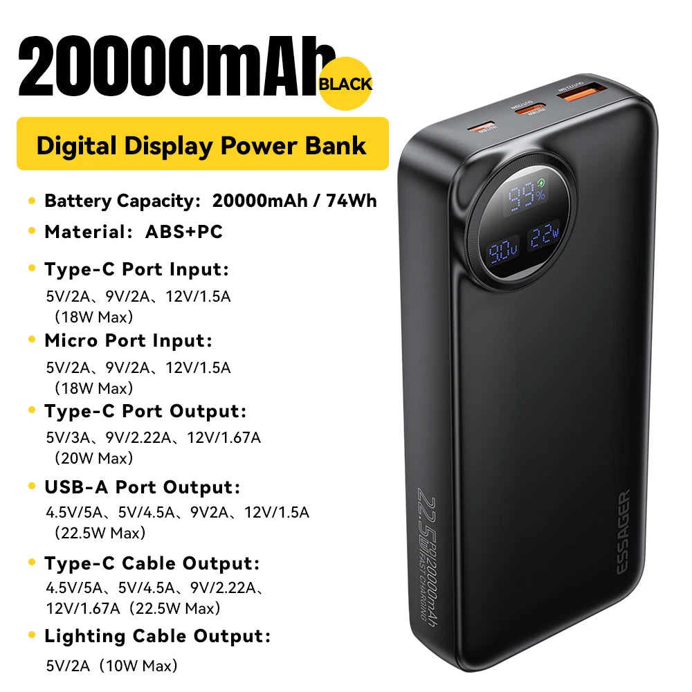 Carregador Portátil  com 2 cabos 22,5W Display digital Powerbank para iPhone 15 14 Samsung Huawei Power Bank - 20000