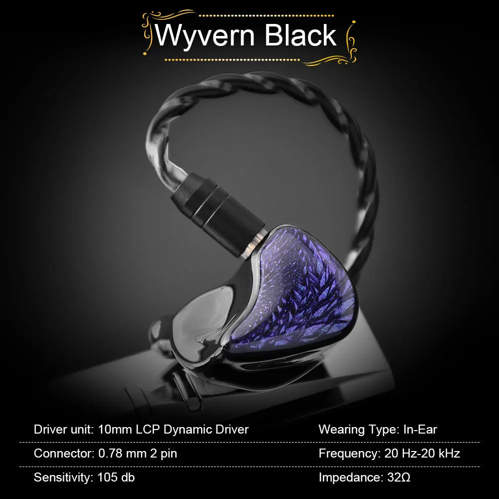 Kinera Celest Wyvern Preto Fones de ouvido intra-auriculares 10mm LCP Driver dinâmico com microfone boom destacável IEMs Cabo Fones de ouvido de áudio