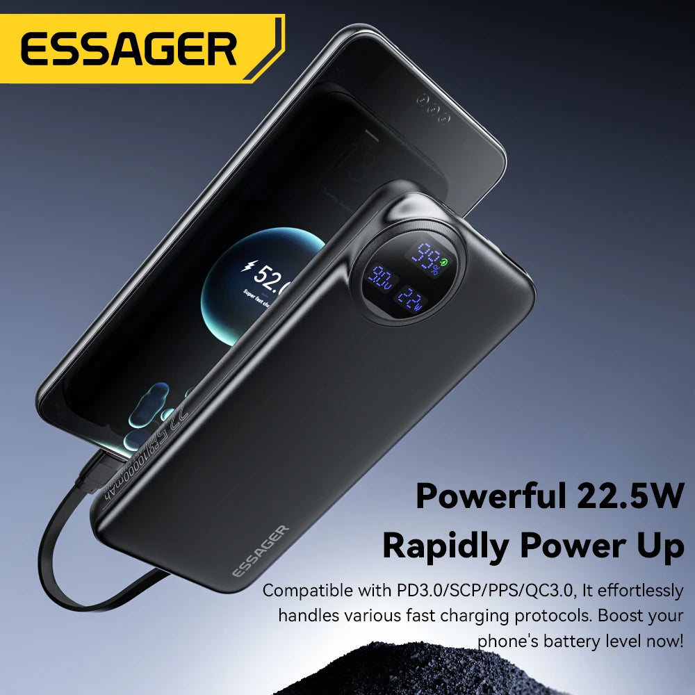 Carregador Portátil  com 2 cabos 22,5W Display digital Powerbank para iPhone 15 14 Samsung Huawei Power Bank - 20000