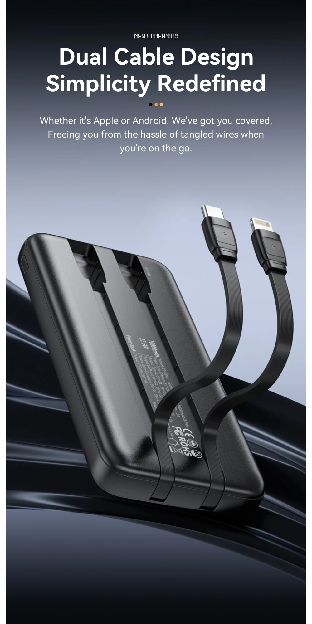 Carregador Portátil  com 2 cabos 22,5W Display digital Powerbank para iPhone 15 14 Samsung Huawei Power Bank - 20000