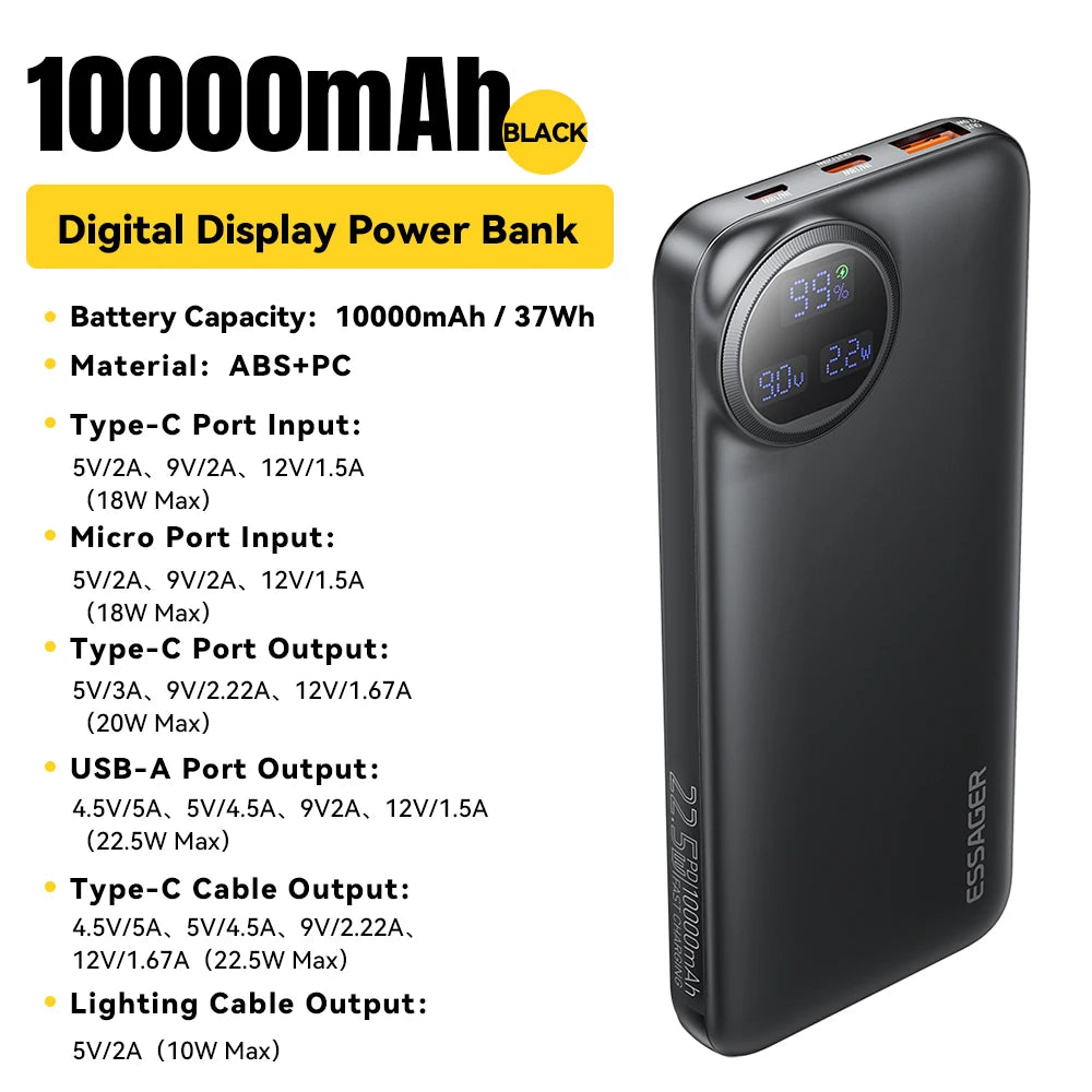 Carregador Portátil  com 2 cabos 22,5W Display digital Powerbank para iPhone 15 14 Samsung Huawei Power Bank - 20000