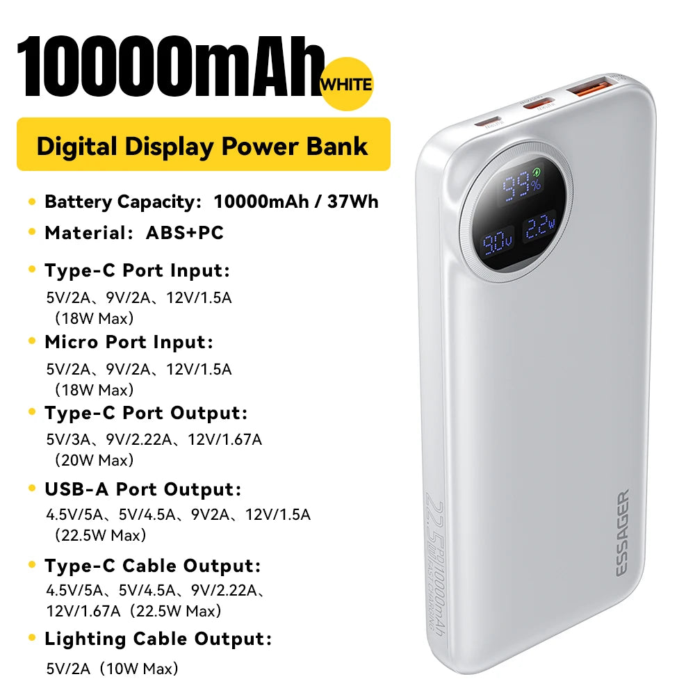 Carregador Portátil  com 2 cabos 22,5W Display digital Powerbank para iPhone 15 14 Samsung Huawei Power Bank - 20000