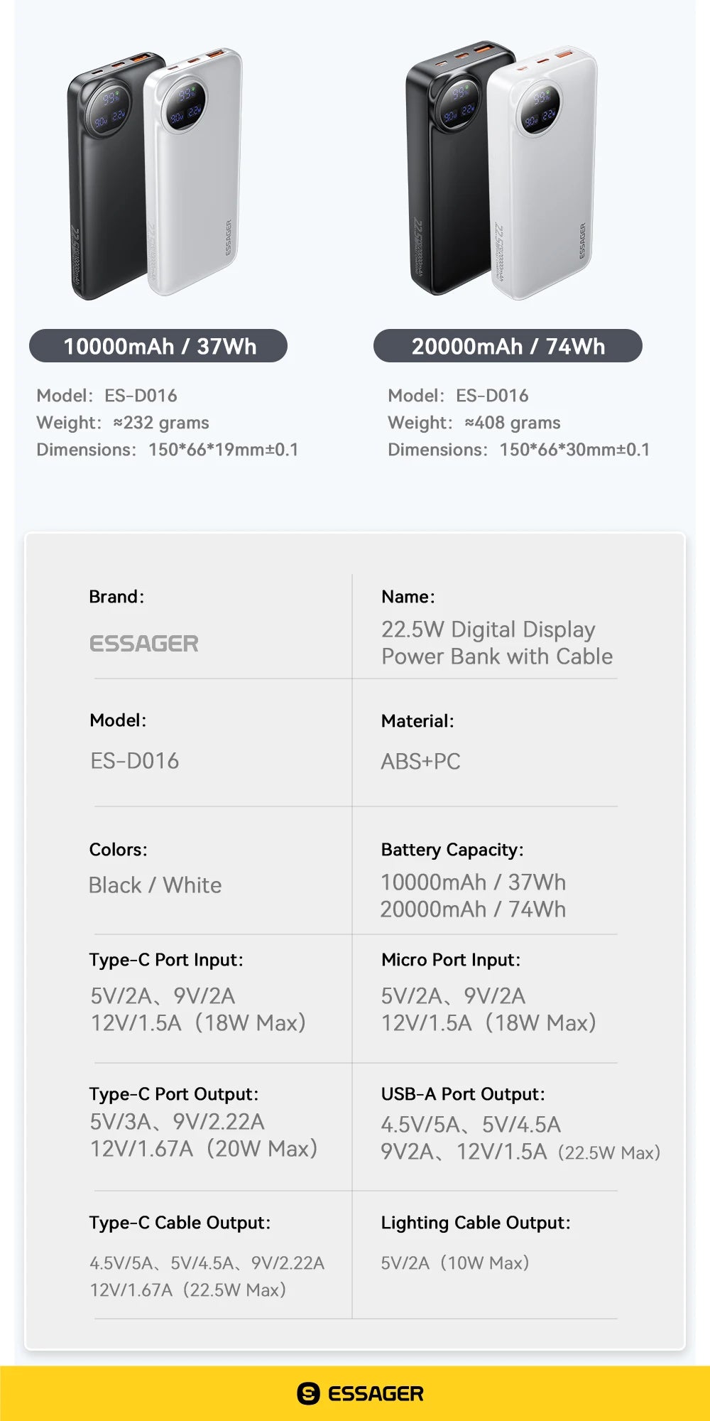 Carregador Portátil  com 2 cabos 22,5W Display digital Powerbank para iPhone 15 14 Samsung Huawei Power Bank - 20000