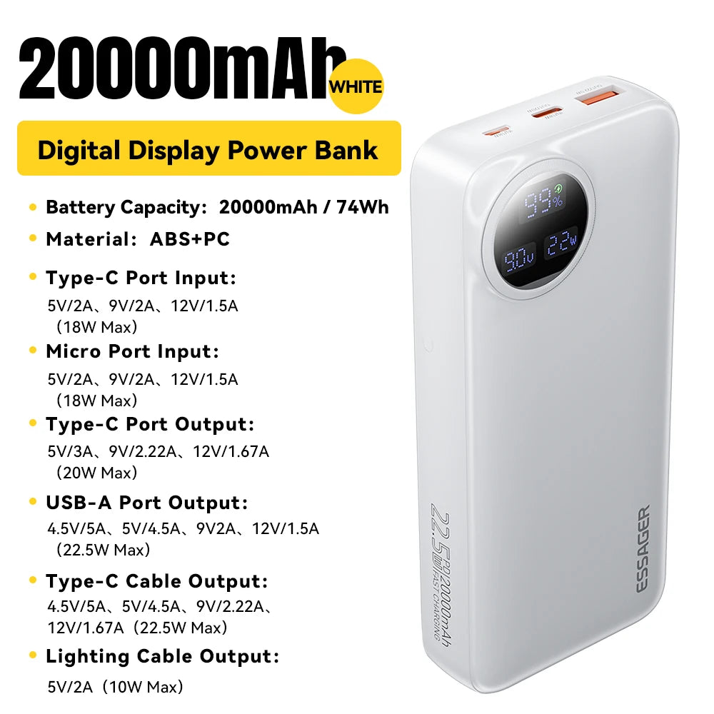 Carregador Portátil  com 2 cabos 22,5W Display digital Powerbank para iPhone 15 14 Samsung Huawei Power Bank - 20000