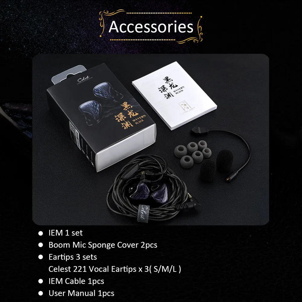 Kinera Celest Wyvern Preto Fones de ouvido intra-auriculares 10mm LCP Driver dinâmico com microfone boom destacável IEMs Cabo Fones de ouvido de áudio